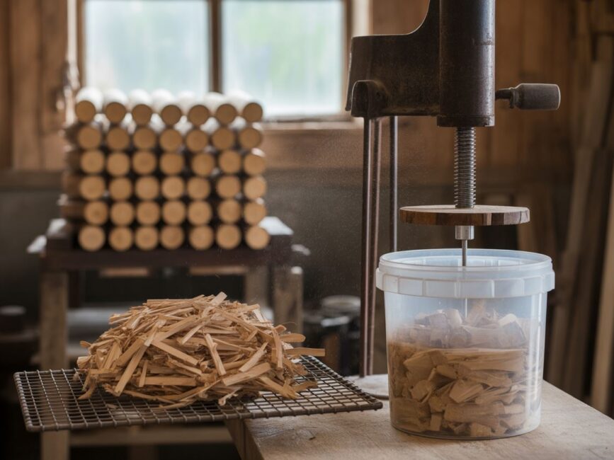 brykiety z gałęzi na suszarce